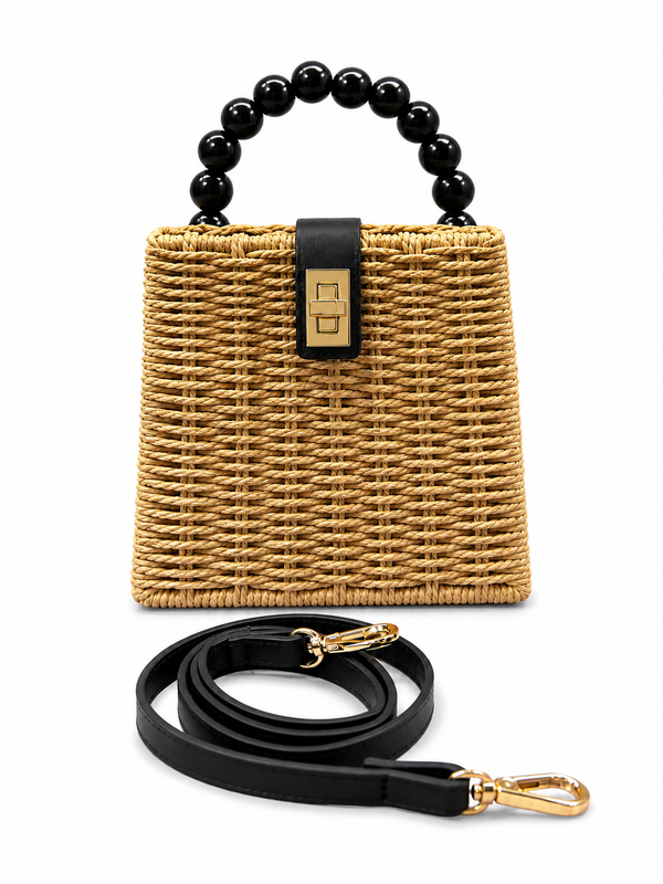 Cartera mimbre bolas negras/ marron