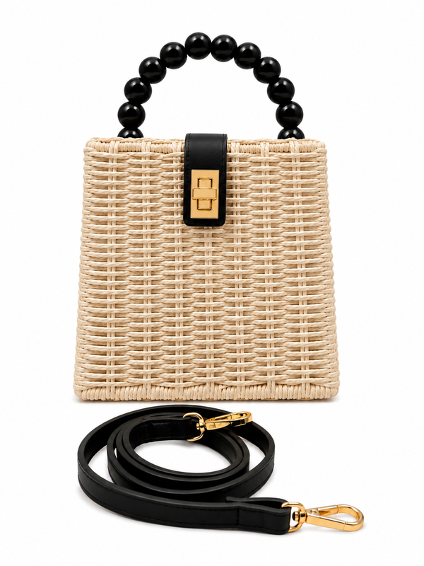 Cartera mimbre bolas negras/ crema