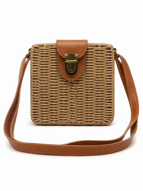 Cartera mimbre cuadrada/ marron