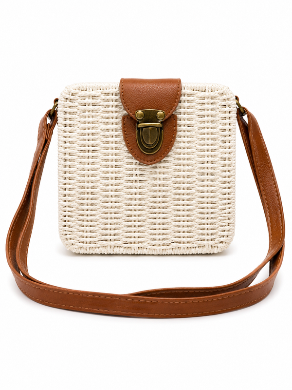 Cartera mimbre cuadrada/ hueso