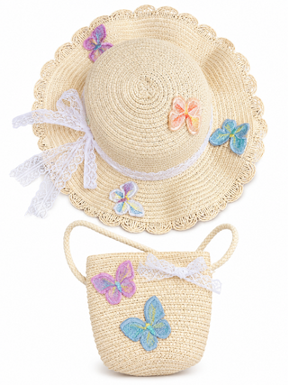 Set cartera y sombrero de niña crema mariposas