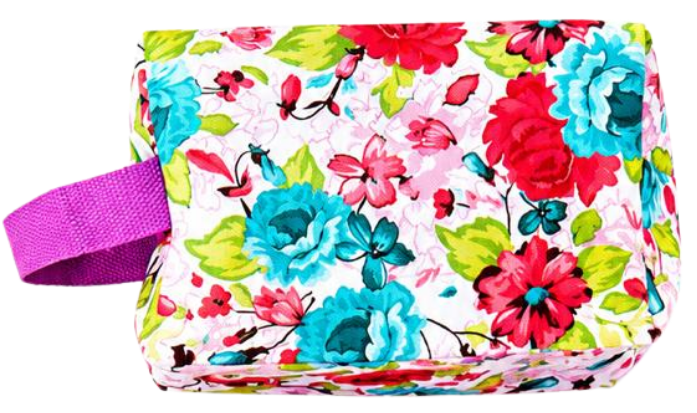 Bolso maquillaje asa morada / flor azul