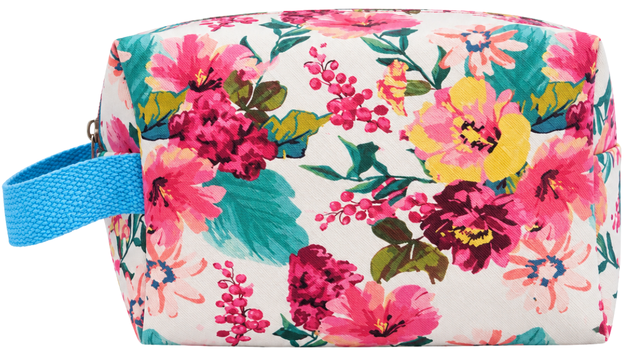 Bolso maquillaje asa azul / flor rosada