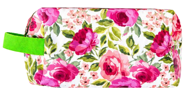 Bolso maquillaje asa verde / flor rosada