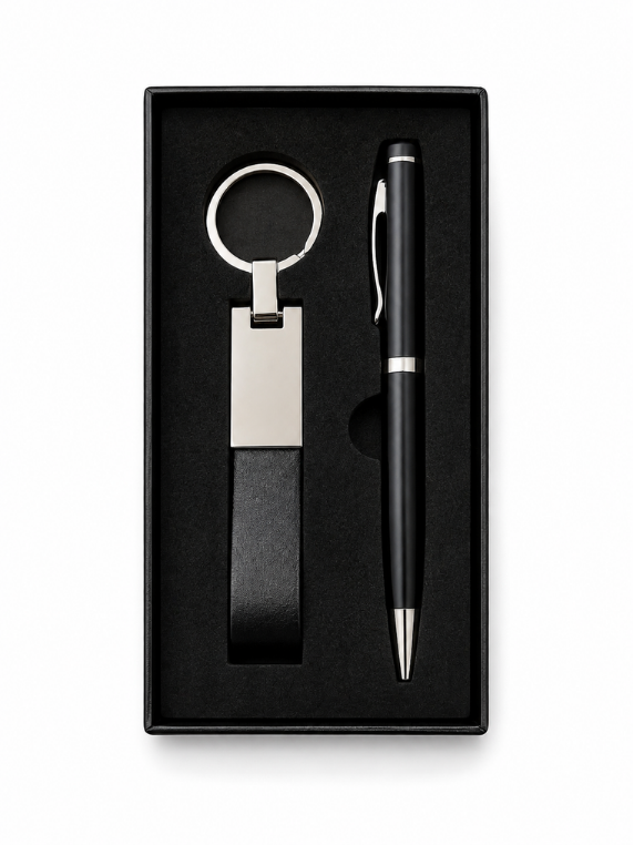 Set llavero + lapicero piel y metal negro